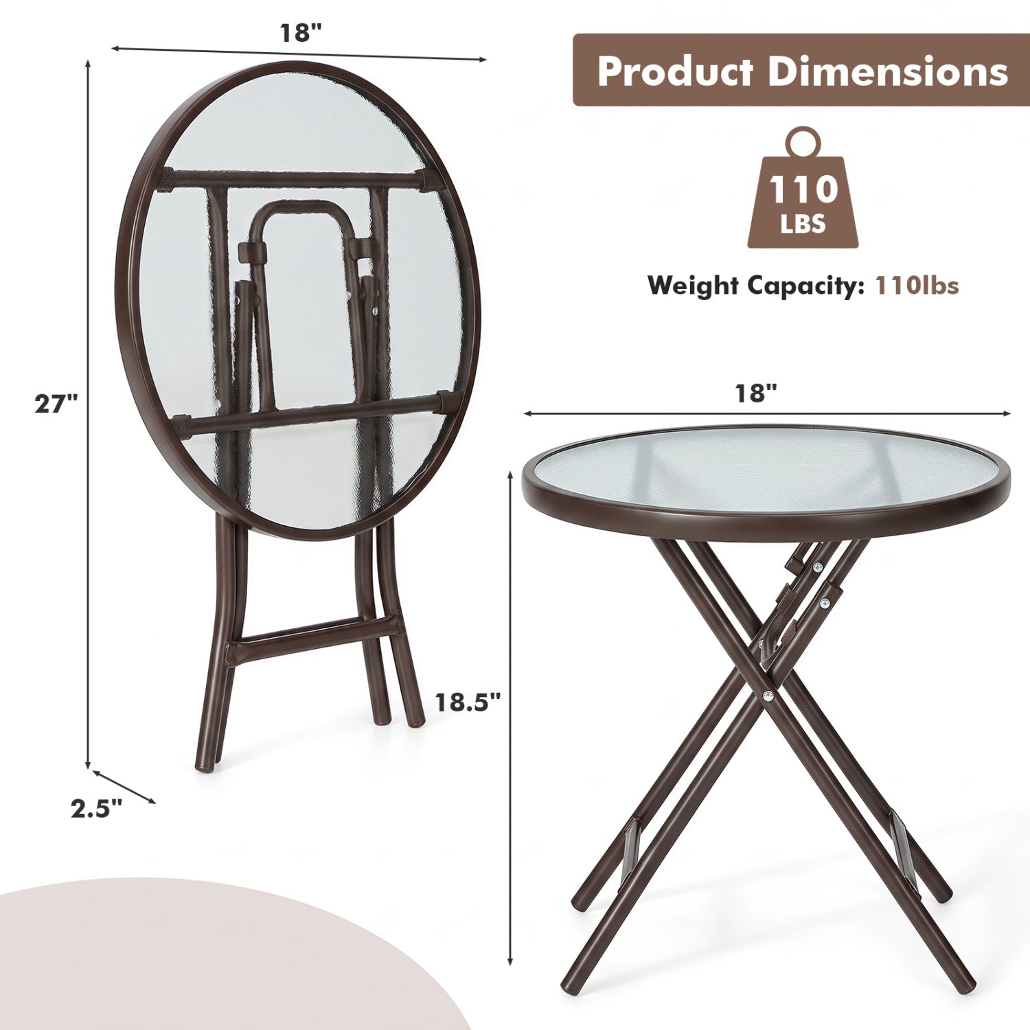 DirectDeals 18in round folding patio side table with tempered glass top brown finish on Tampa Home & Garden Store