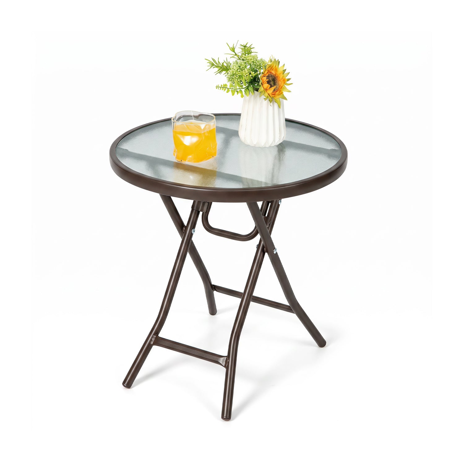18-inch round folding patio side table tempered glass top brown frame DirectDeals with sunflower vase on Tampa Home & Garden Store