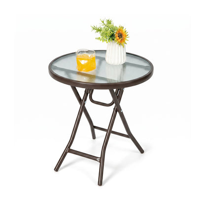18-inch round folding patio side table tempered glass top brown frame DirectDeals with sunflower vase on Tampa Home & Garden Store