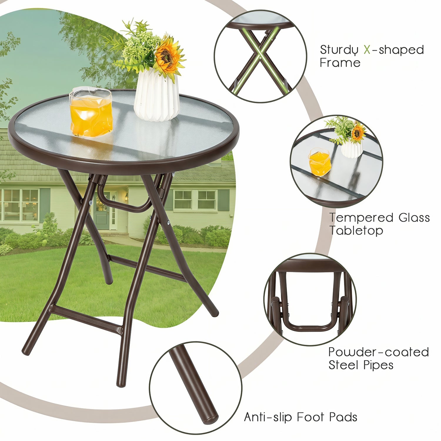 18 inch folding patio side table DirectDeals with tempered glass top and X-shaped frame on Tampa Home & Garden Store