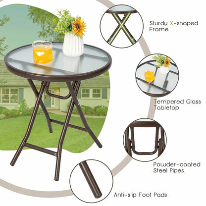 18 inch folding patio side table DirectDeals with tempered glass top and X-shaped frame on Tampa Home & Garden Store
