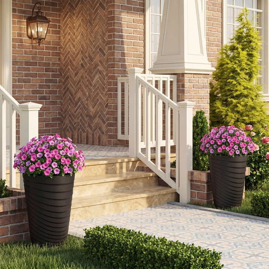 18-Inch Tall Planter Pot set of 2 black planters with drainage and handles, pink petunias on brick porch on Tampa Home & Garden Store