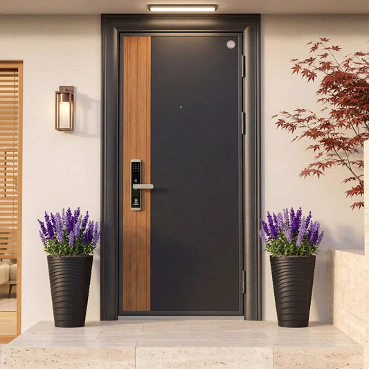 18-inch tall planters, 2-pack, drainage and handles, black ribbed planters lavender flowers on Tampa Home & Garden Store