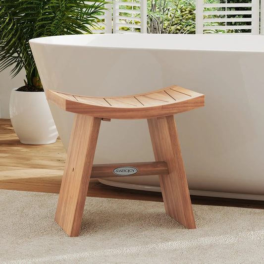18-inch teak wood shower bench with curved slatted seat in natural finish PatioJoy on Tampa Home & Garden Store