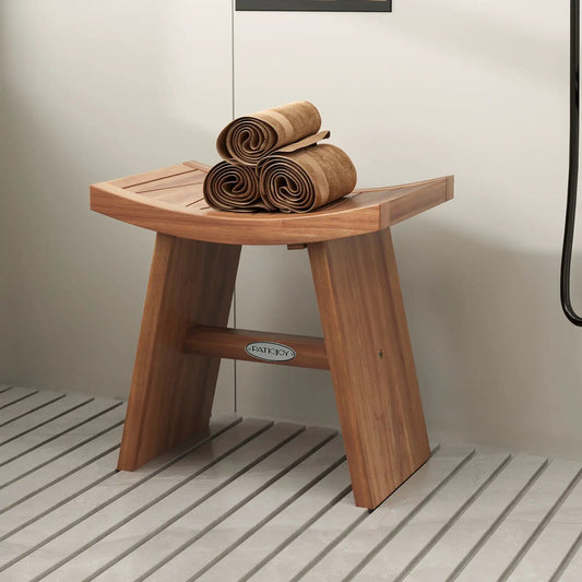 18 Inch Teak Wood Shower Bench with Curved Seat, towels, Patio Joy branding on Tampa Home & Garden Store