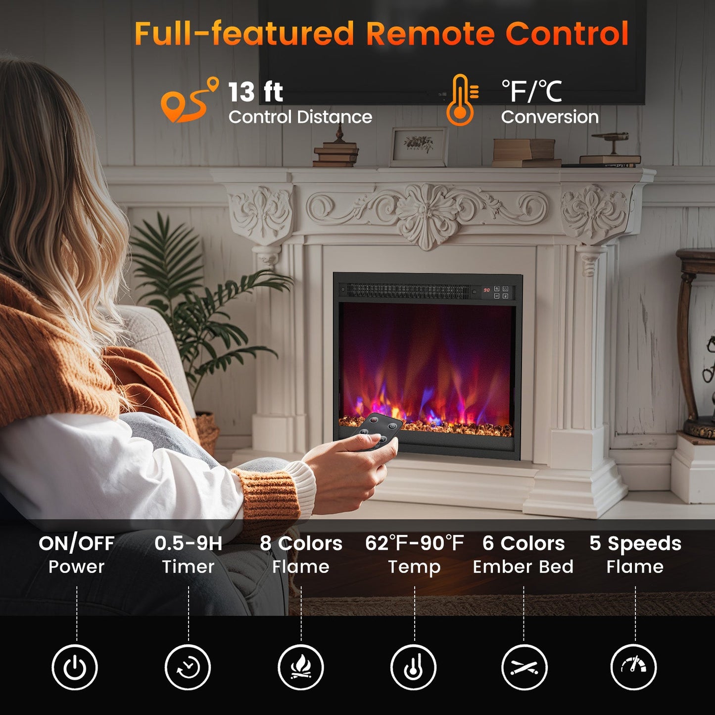 Chimenea eléctrica empotrable de 1500 W de 18/23/26 pulgadas con control remoto - 18 pulgadas