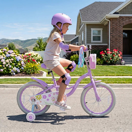 Girls 18-inch DirectDeals bike with training wheels, lavender frame and front floral bag on Tampa Home & Garden Store