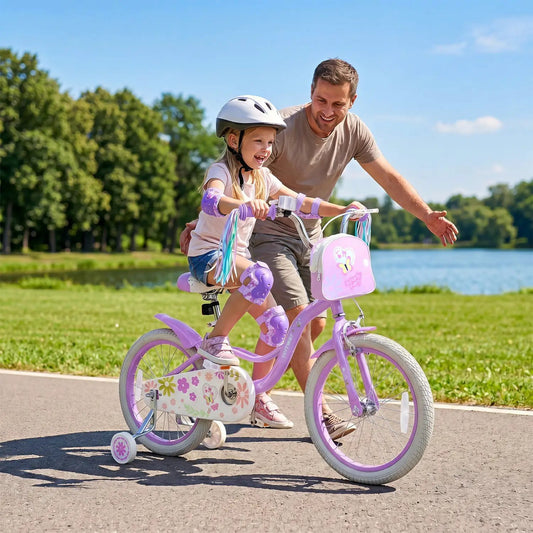 Girls 18-inch bike with training wheels, pink purple frame, front bag and floral side cart on Tampa Home & Garden Store