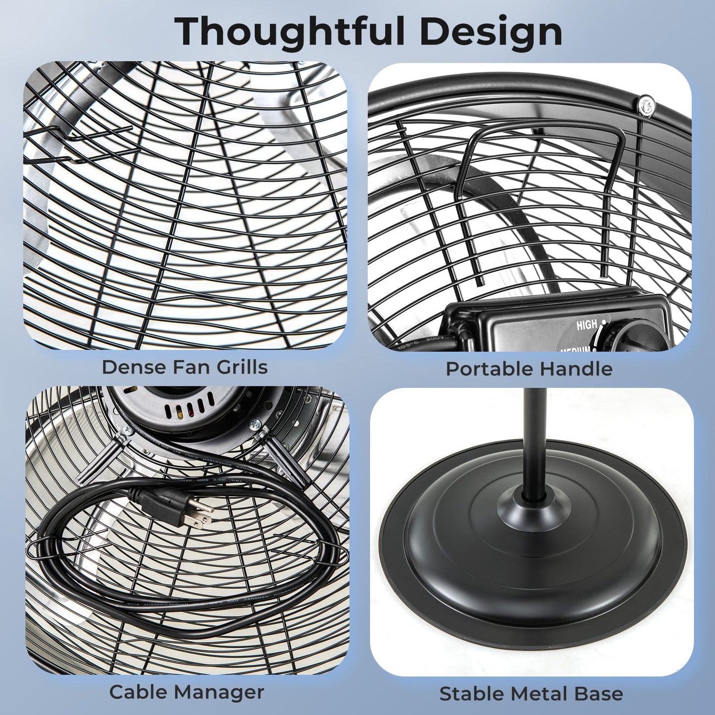 Ventilador de Pedestal de Alta Velocidad de 20 Pulgadas con 3 Velocidades y Altura Ajustable - Negro