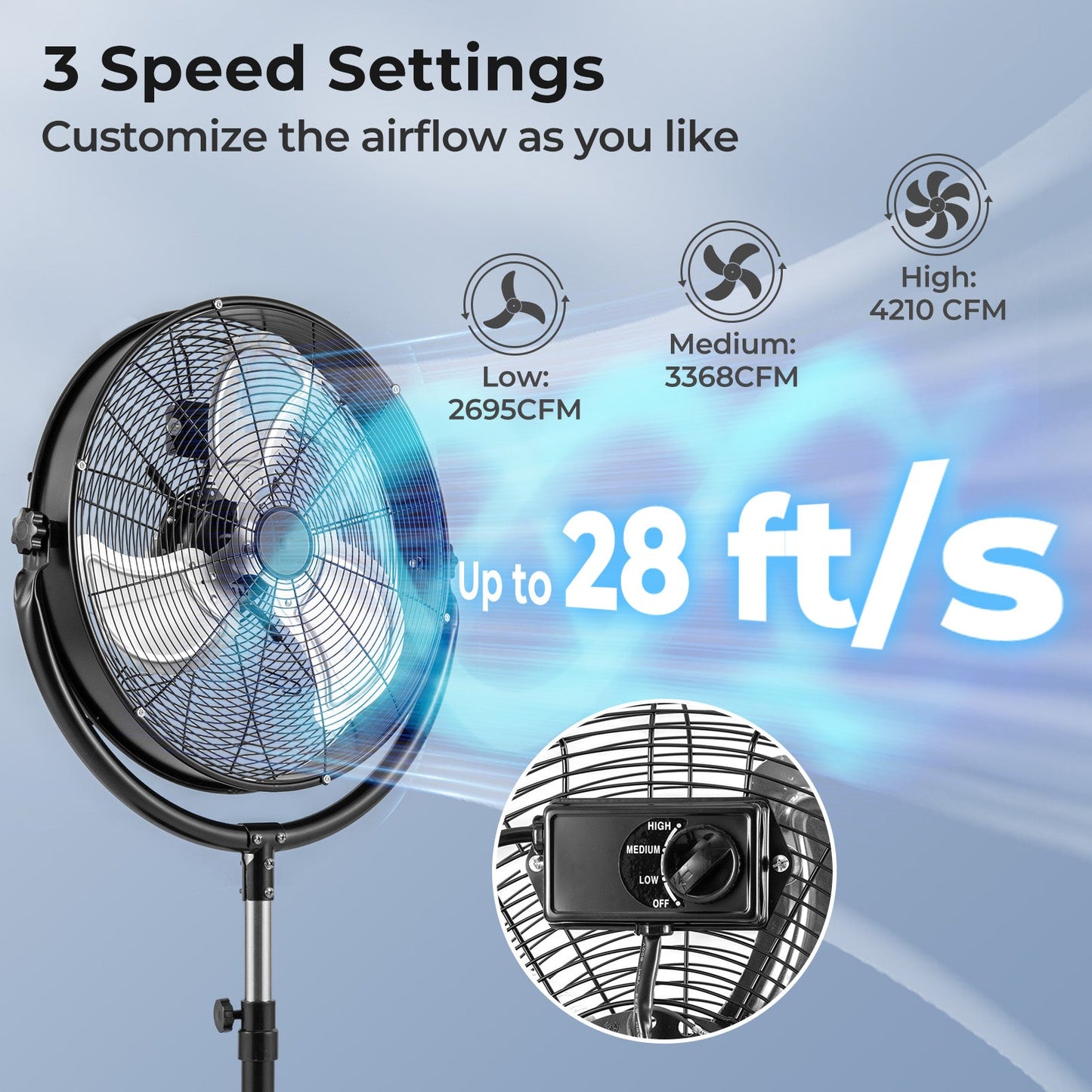 Ventilador de Pedestal de Alta Velocidad de 20 Pulgadas con 3 Velocidades y Altura Ajustable - Negro