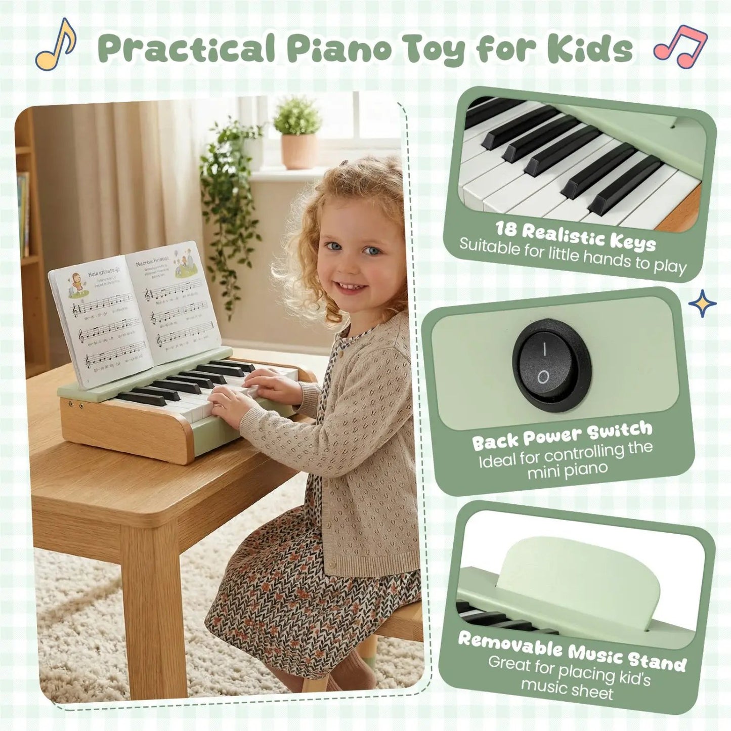 18 Key Wooden Piano for Kids with Music Stand