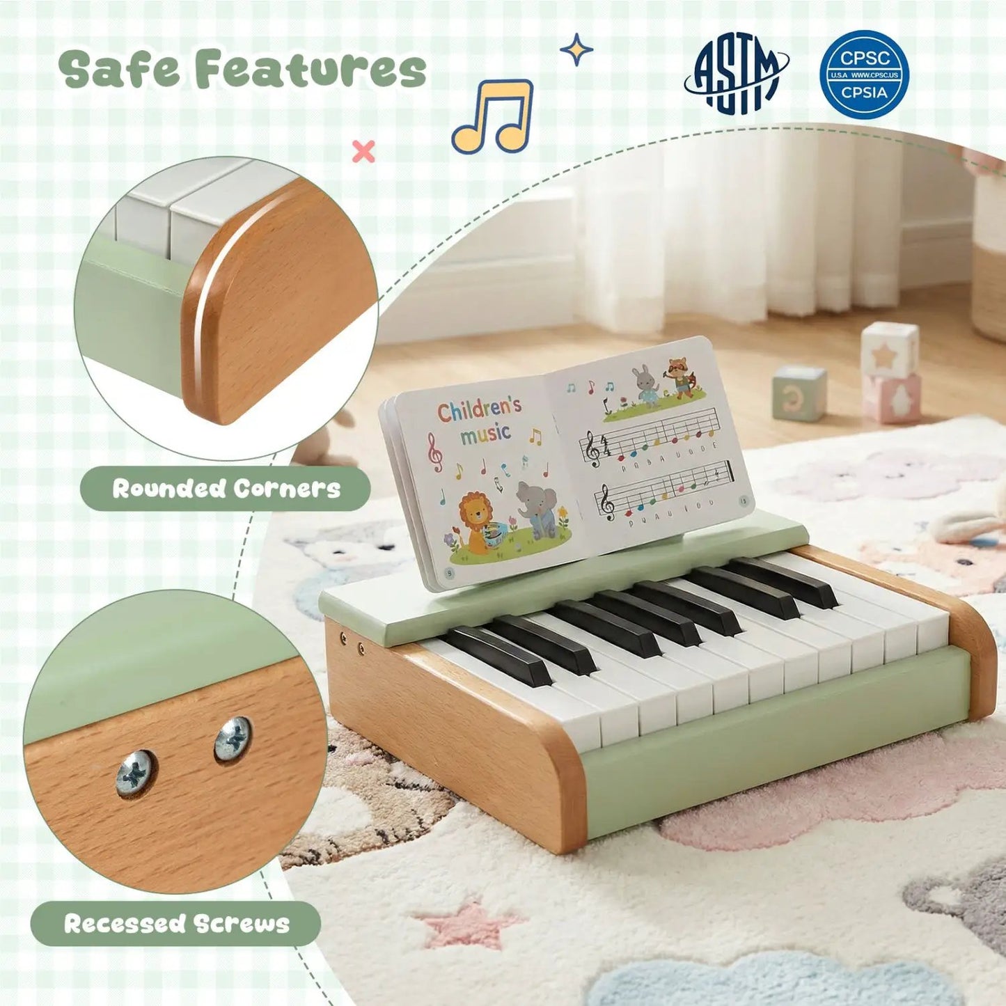 18 Key Wooden Piano for Kids with Music Stand