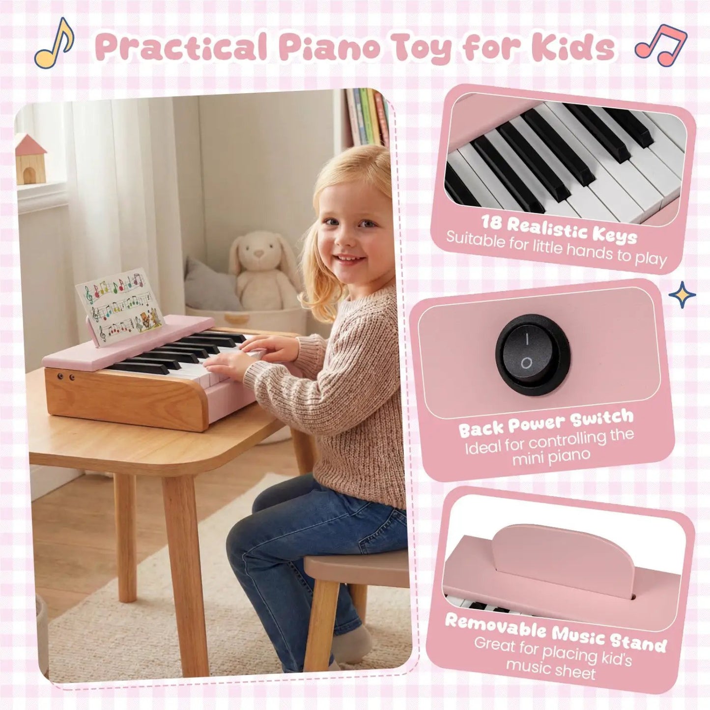 18 Key Wooden Piano for Kids with Music Stand