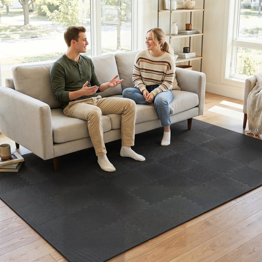 Interlocking EVA foam floor tiles 18-pack with borders charcoal DirectDeals, under a sofa on Tampa Home & Garden Store