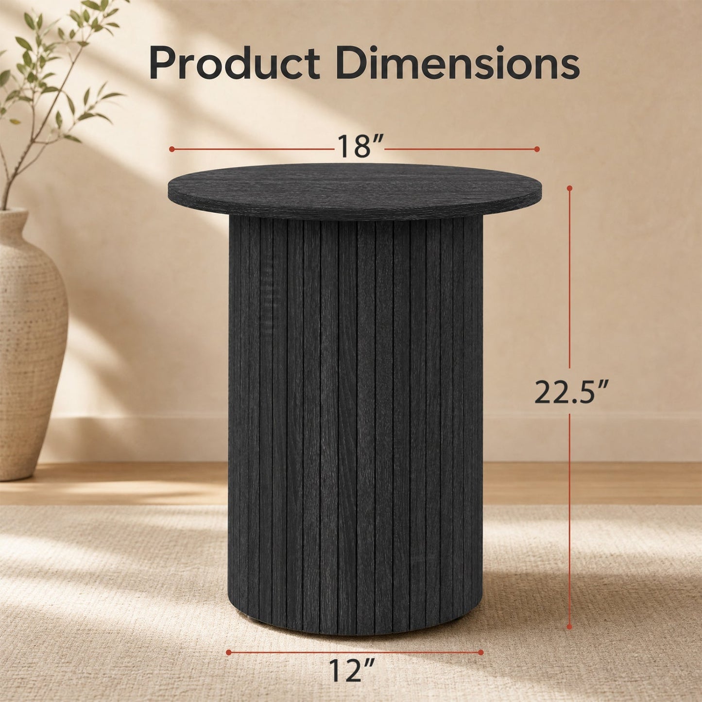 Side table 18-inch round fluted pedestal drum base in black woodgrain finish DirectDeals on Tampa Home & Garden Store
