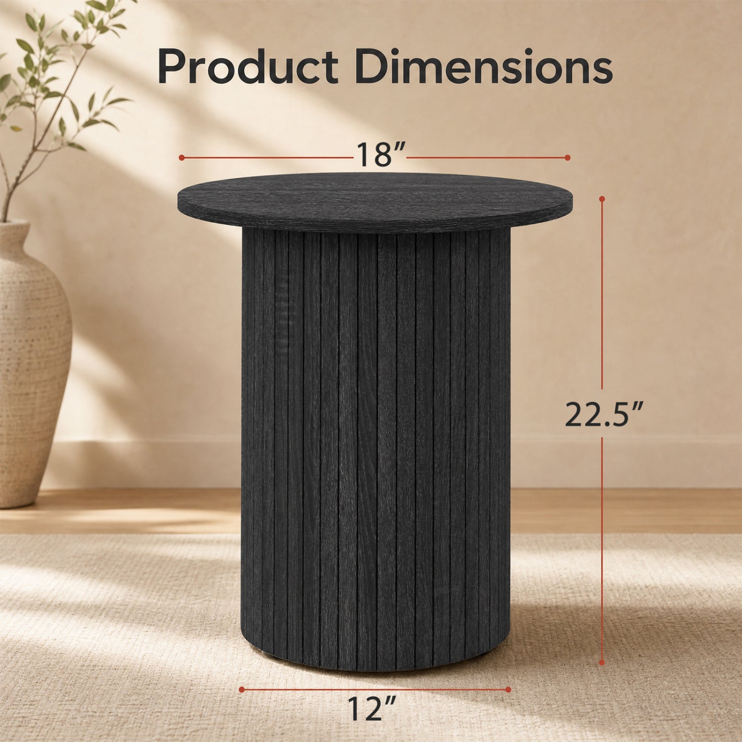 Side table 18-inch round fluted pedestal drum base in black woodgrain finish DirectDeals on Tampa Home & Garden Store