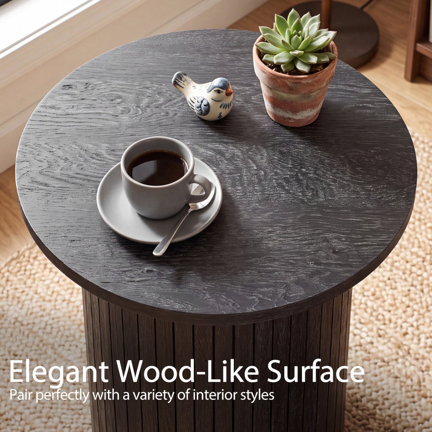 18in round fluted side table with pedestal drum base in dark wood by DirectDeals cup and plant on Tampa Home & Garden Store