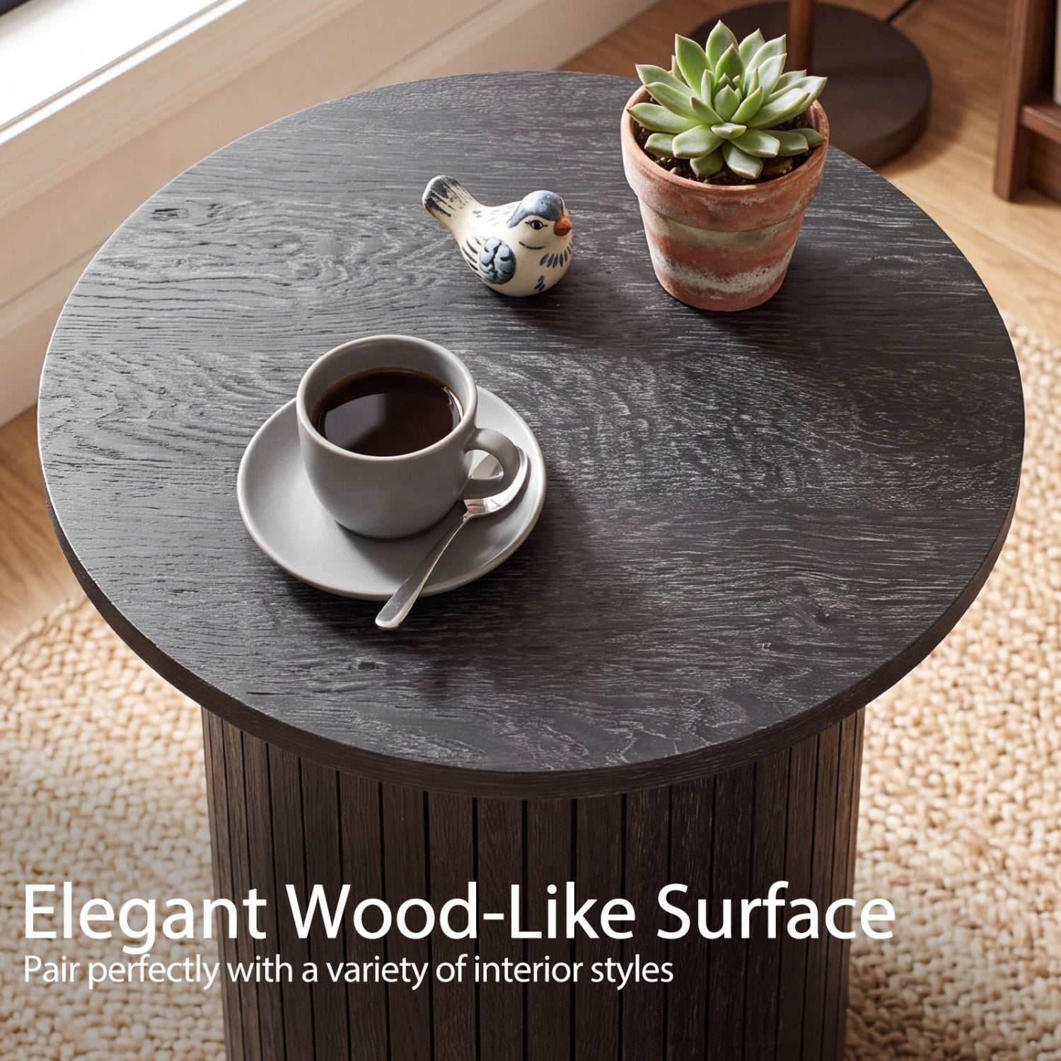 18in round fluted side table with pedestal drum base in dark wood by DirectDeals cup and plant on Tampa Home & Garden Store