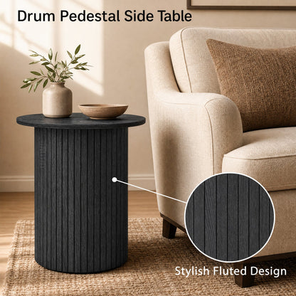 18-inch round fluted side table with pedestal drum base in black wood by DirectDeals on Tampa Home & Garden Store
