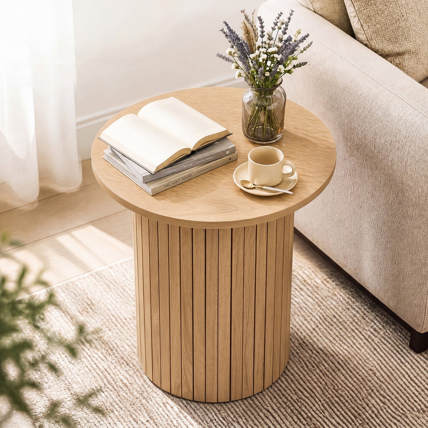 DirectDeals 18in round fluted side table with pedestal drum base in natural wood on Tampa Home & Garden Store