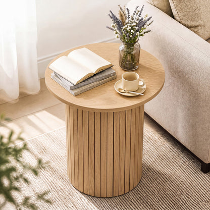 DirectDeals 18in round fluted side table with pedestal drum base in natural wood on Tampa Home & Garden Store