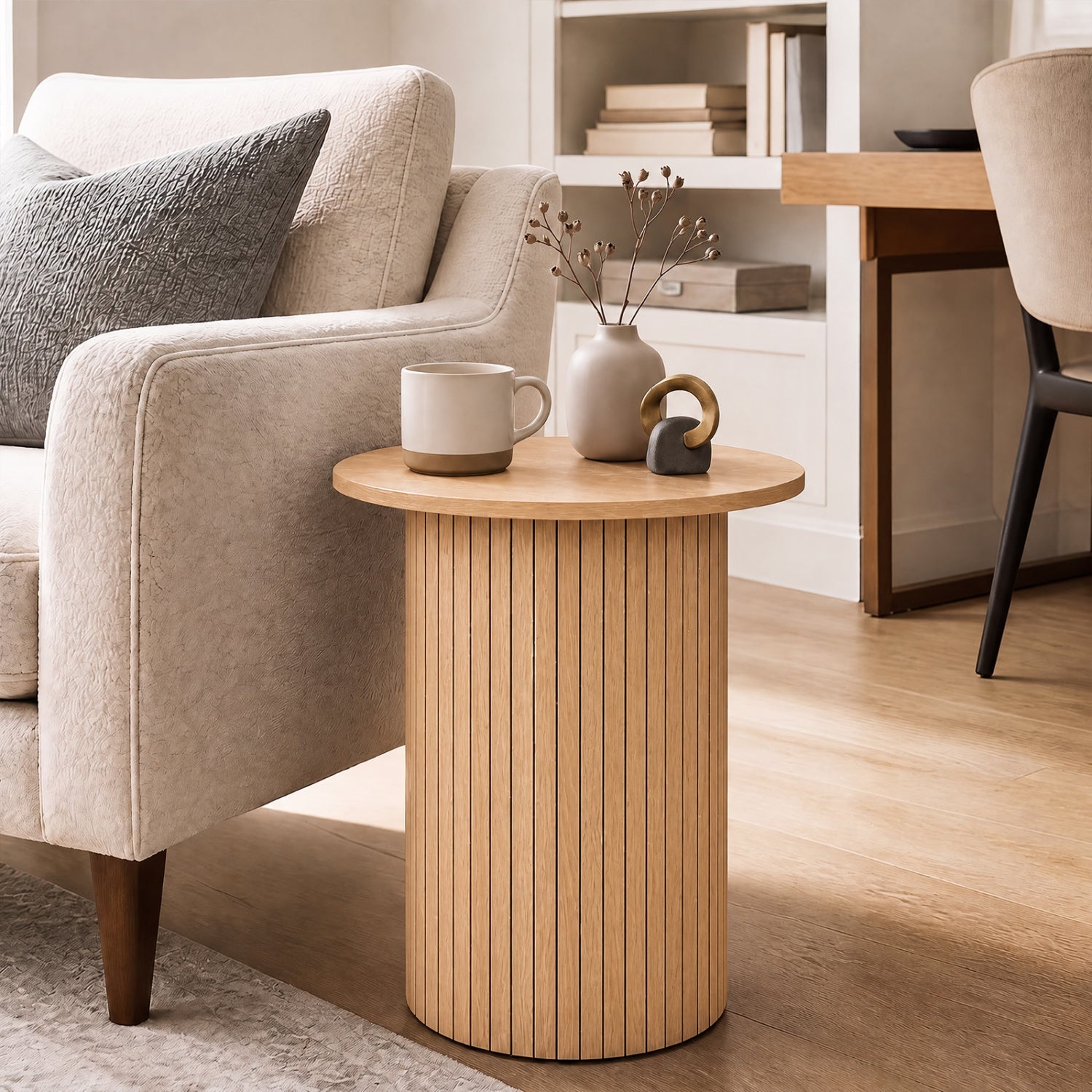 18in round fluted side table with pedestal drum base in natural wood beside beige sofa on Tampa Home & Garden Store