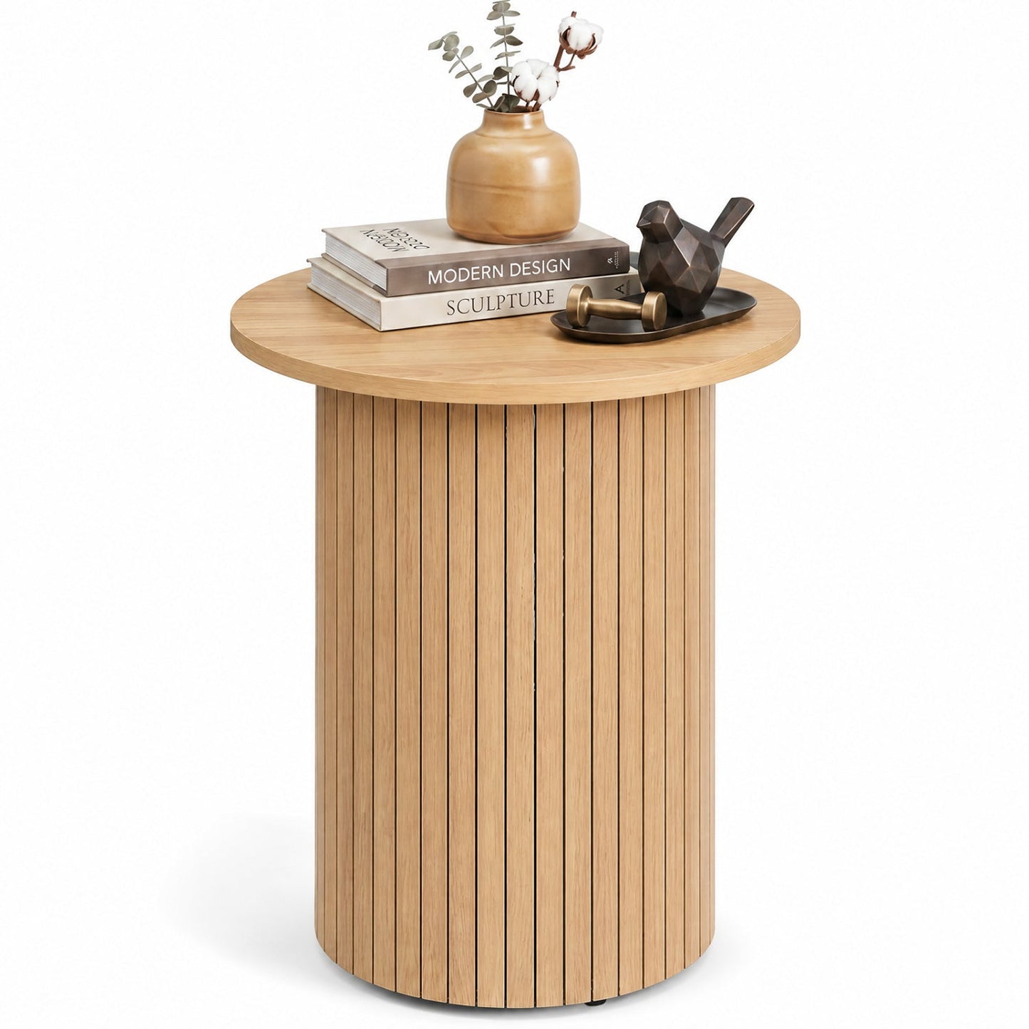 18in round fluted side table with pedestal drum base in natural wood by DirectDeals on Tampa Home & Garden Store