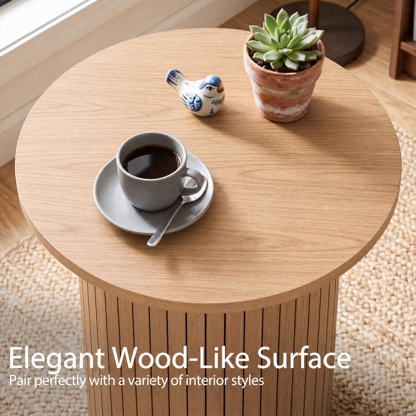 18-inch round fluted side table with pedestal drum base in light oak finish DirectDeals; coffee cup and plant on Tampa Home & Garden Store