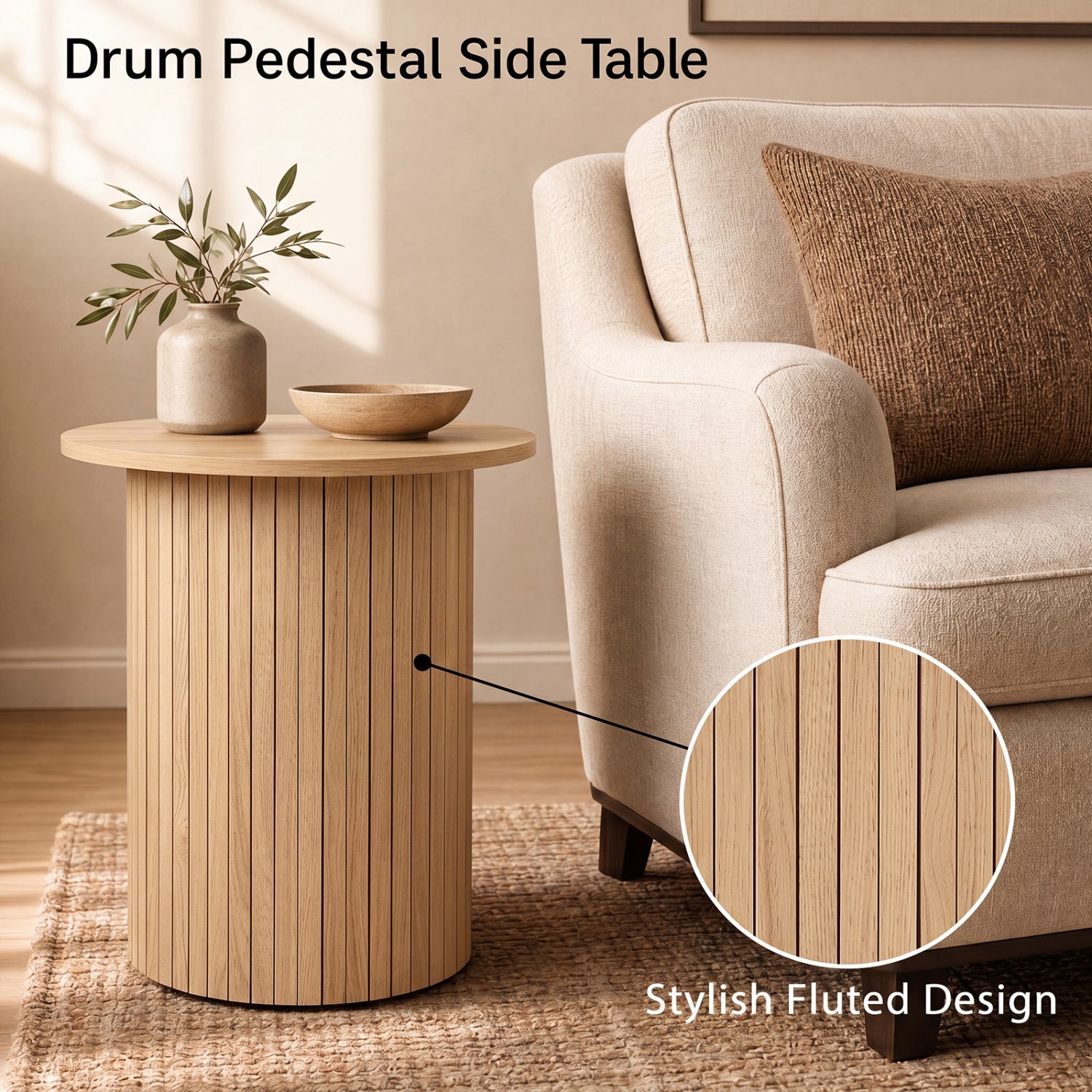 DirectDeals 18-inch round fluted side table with pedestal drum base in natural wood beside a beige sofa on Tampa Home & Garden Store