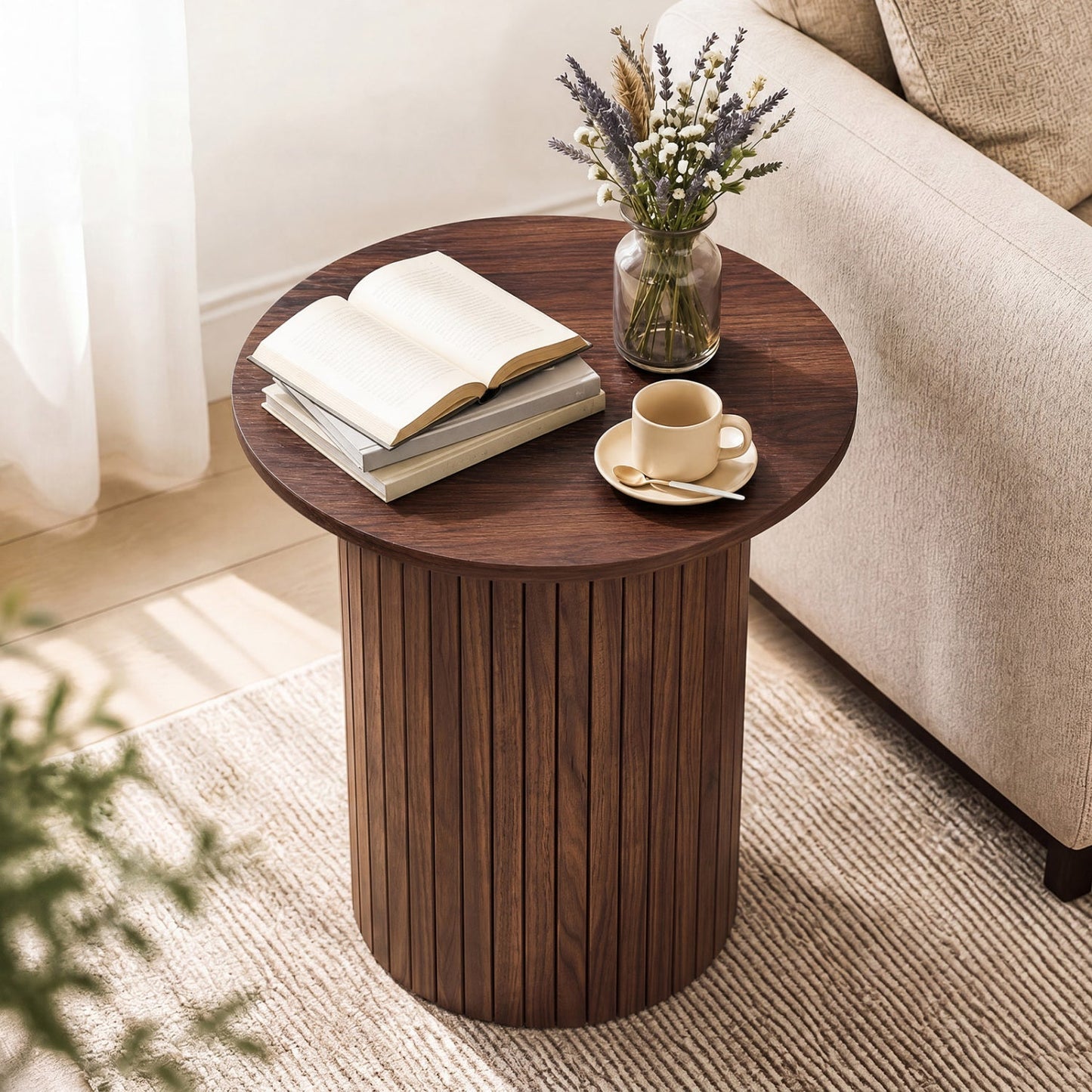 18-inch round fluted side table with pedestal drum base dark wood finish DirectDeals on Tampa Home & Garden Store