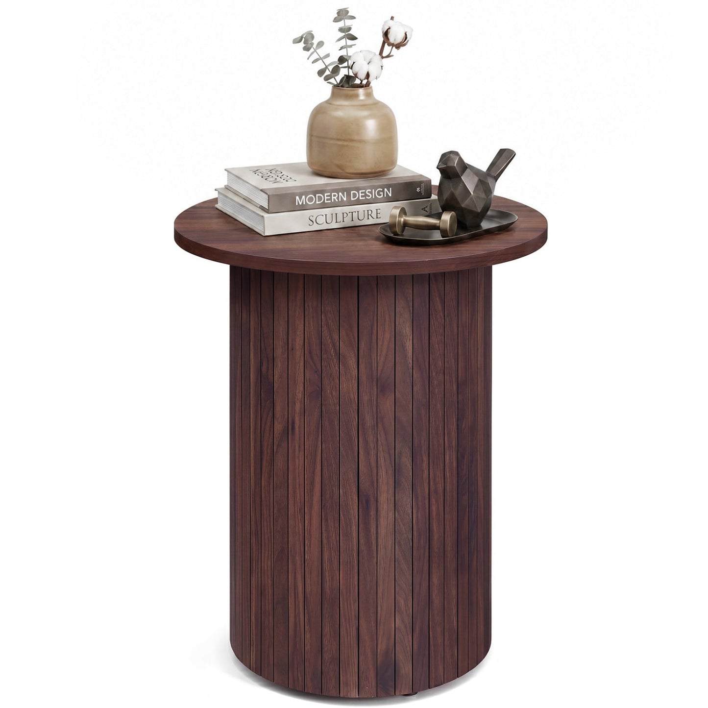 DirectDeals 18in round fluted side table with pedestal drum base in dark wood on Tampa Home & Garden Store