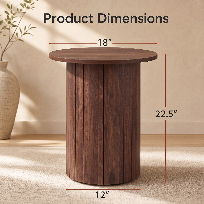 18in round fluted side table with pedestal drum base in warm wood finish on Tampa Home & Garden Store