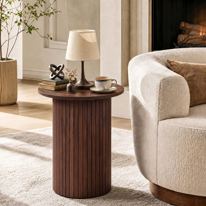 18-inch round fluted side table with pedestal drum base in dark walnut on Tampa Home & Garden Store