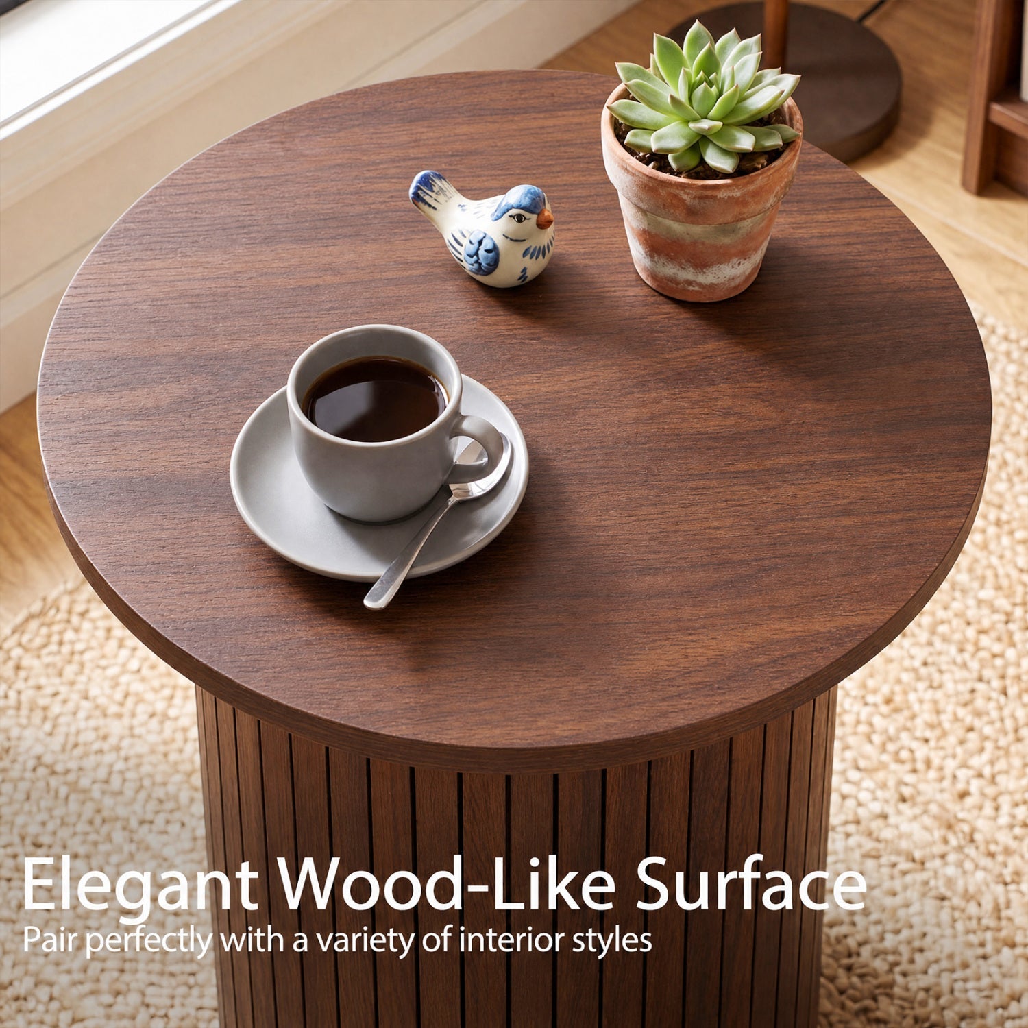 18-inch round fluted side table with pedestal drum base in dark wood finish; coffee cup on top on Tampa Home & Garden Store