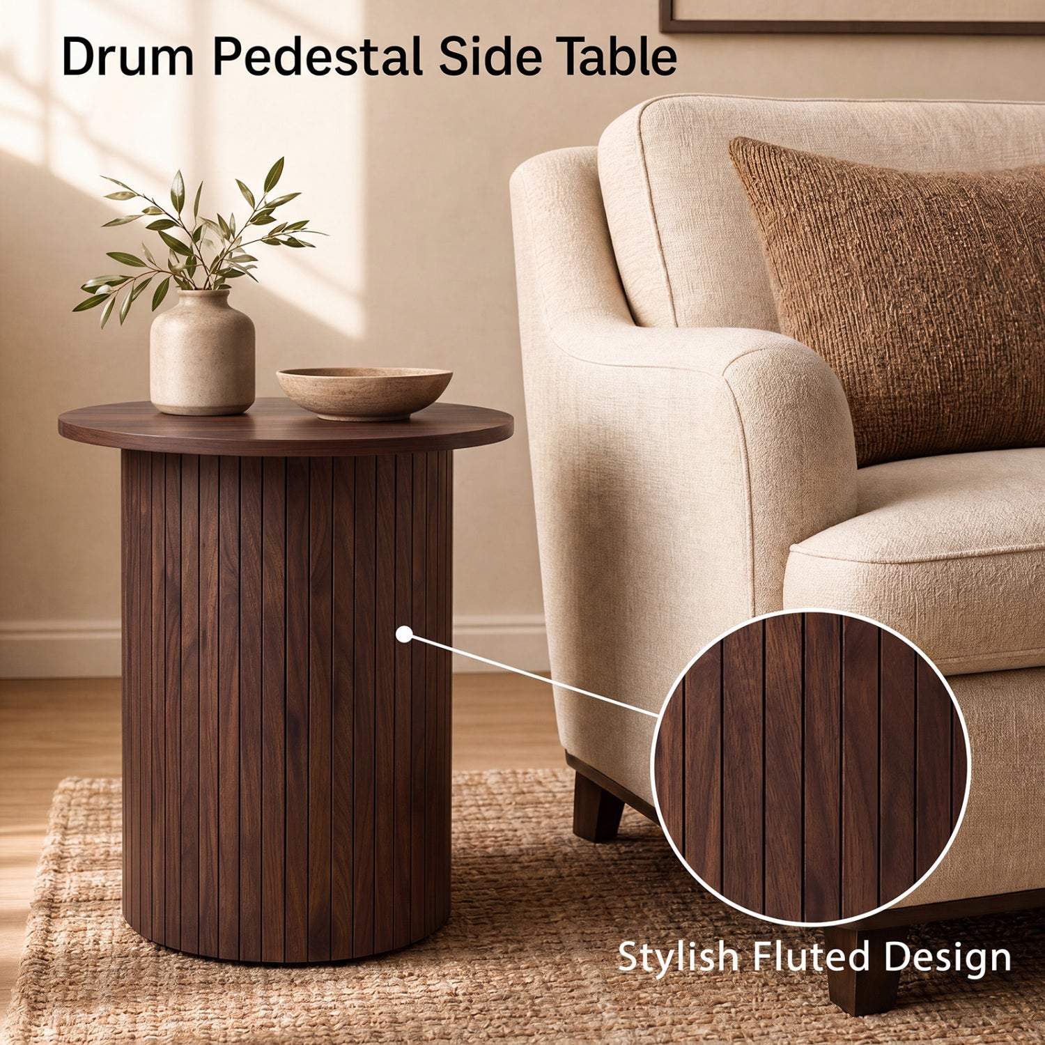 18in round fluted side table with pedestal drum base in dark wood DirectDeals on Tampa Home & Garden Store