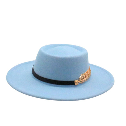 Fedora hat Stevvex in light blue with black band and gold leaf accent, brim vintage style on Tampa Home & Garden Store