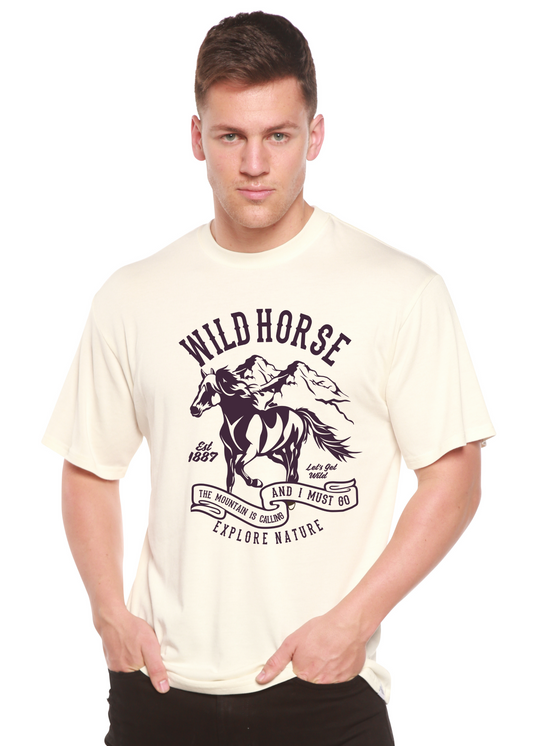 Men's Wild Horse Spun Bamboo graphic tee in ivory with horse print; bamboo viscose/cotton blend on Tampa Home & Garden Store