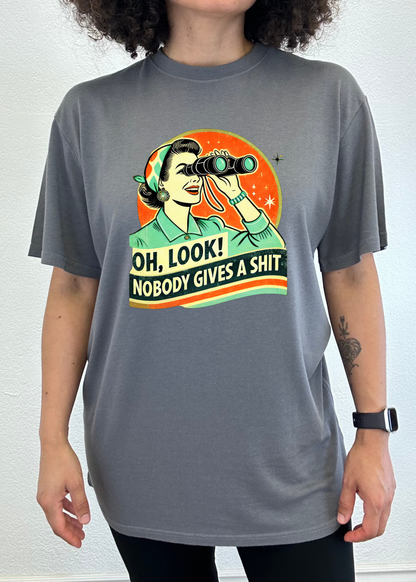 Spun Bamboo unisex graphic tee in gray bamboo/cotton with retro woman binoculars print on Tampa Home & Garden Store