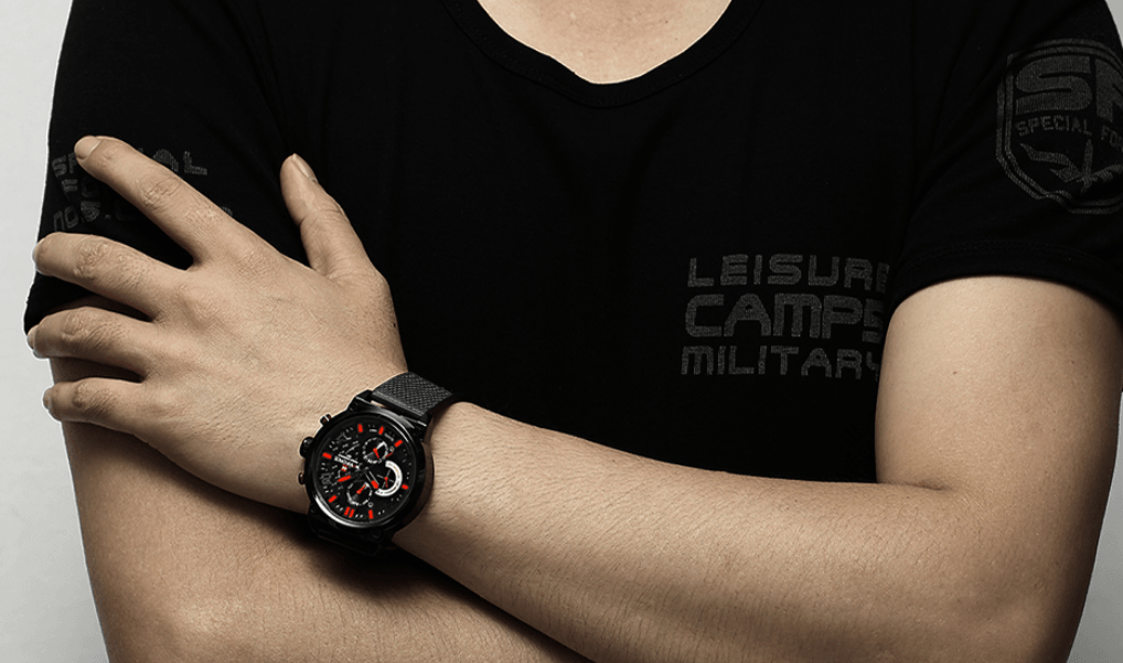 Men's Stevvex multifunction quartz watch with black stainless mesh band and red accents on Tampa Home & Garden Store