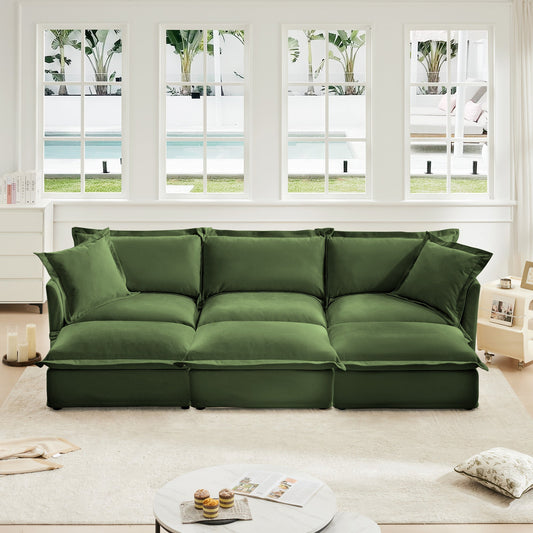 Chenille 3-Seat Slipcovered Sofa with Ottomans, green, HouseOfZazla on Tampa Home & Garden Store