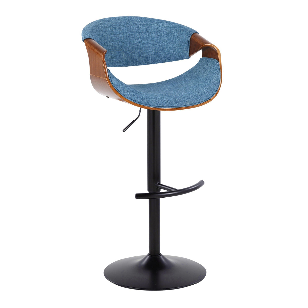 Mid Century Modern adjustable barstool with swivel, blue fabric, pedestal base on Tampa Home & Garden Store