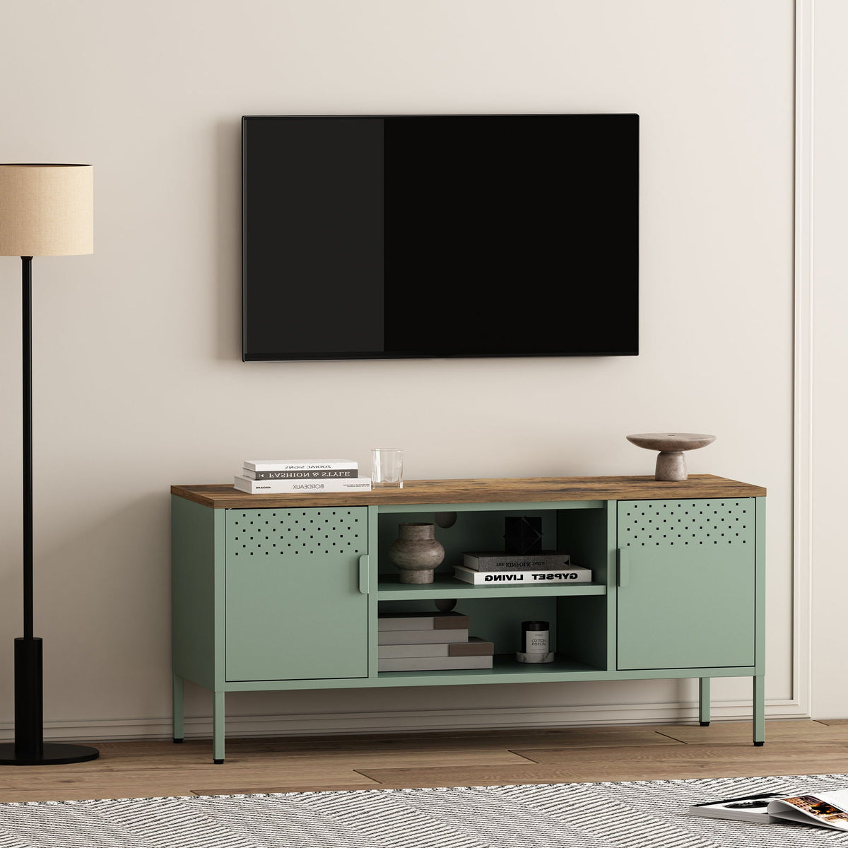 Storage TV stand with steel frame in green finish and dual cabinets by HouseOfZazla on Tampa Home & Garden Store