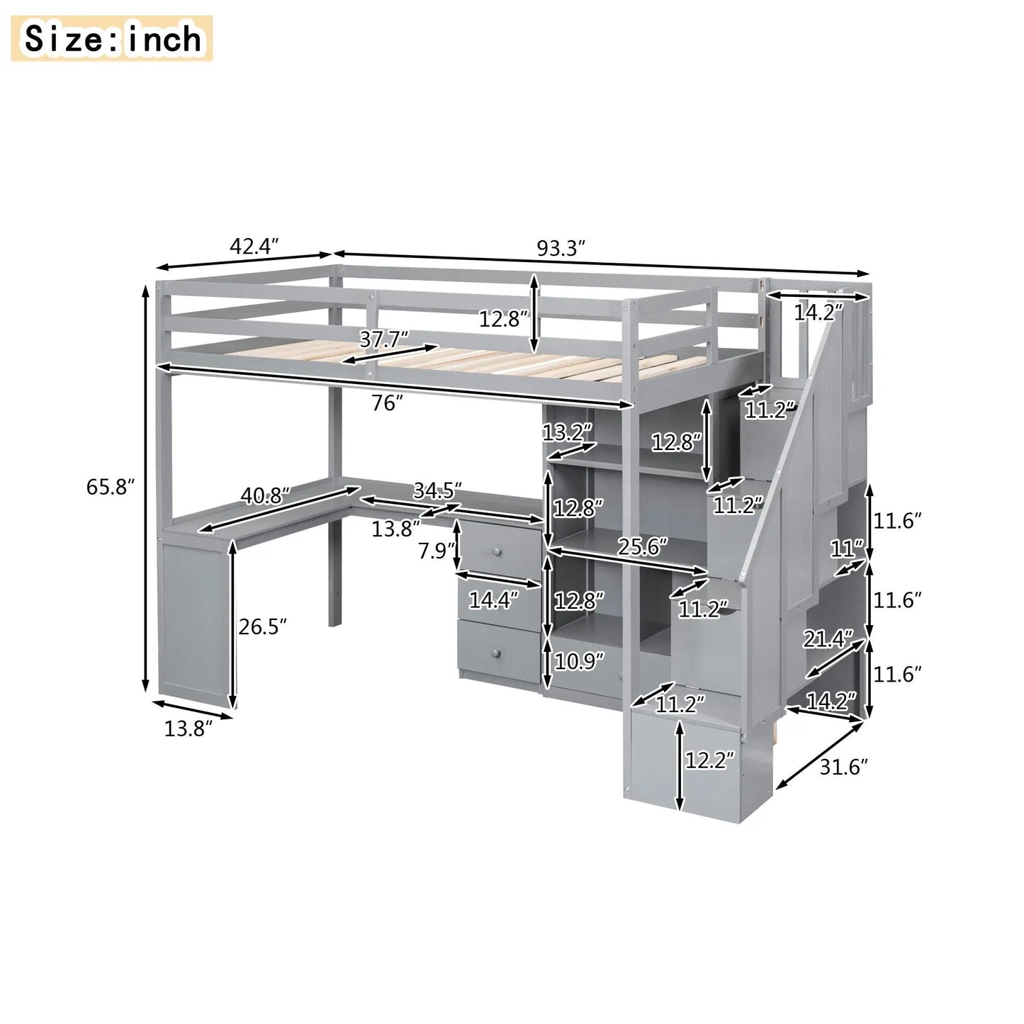 Loft Bed With L Shaped Desk and Storage Staircase