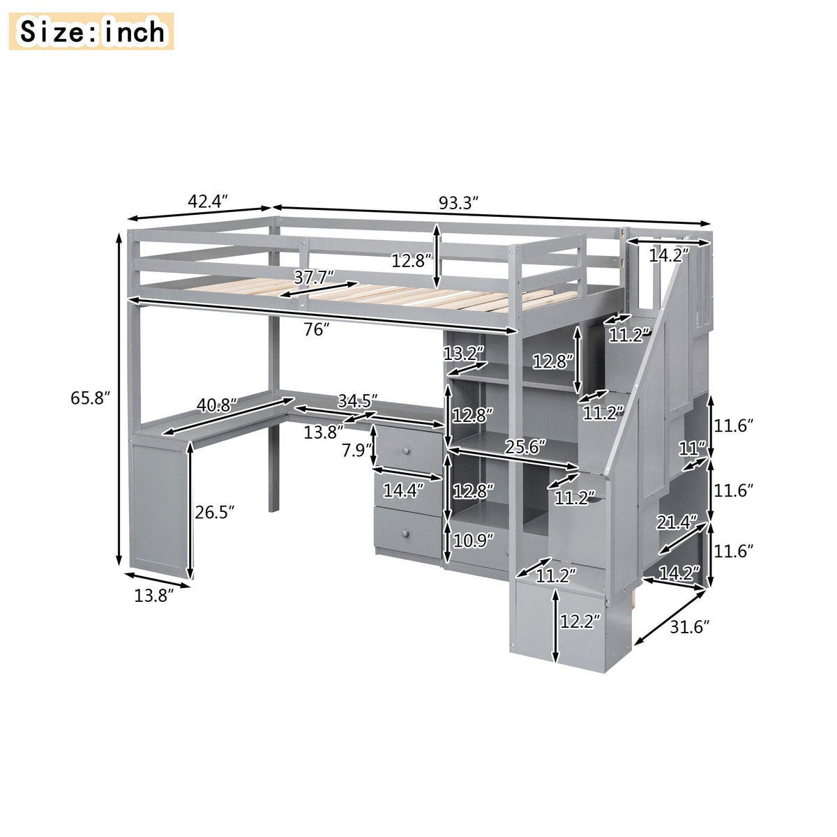 Gray loft bed with L-shaped desk, drawers, cabinet and storage staircase by HouseOfZazla on Tampa Home & Garden Store