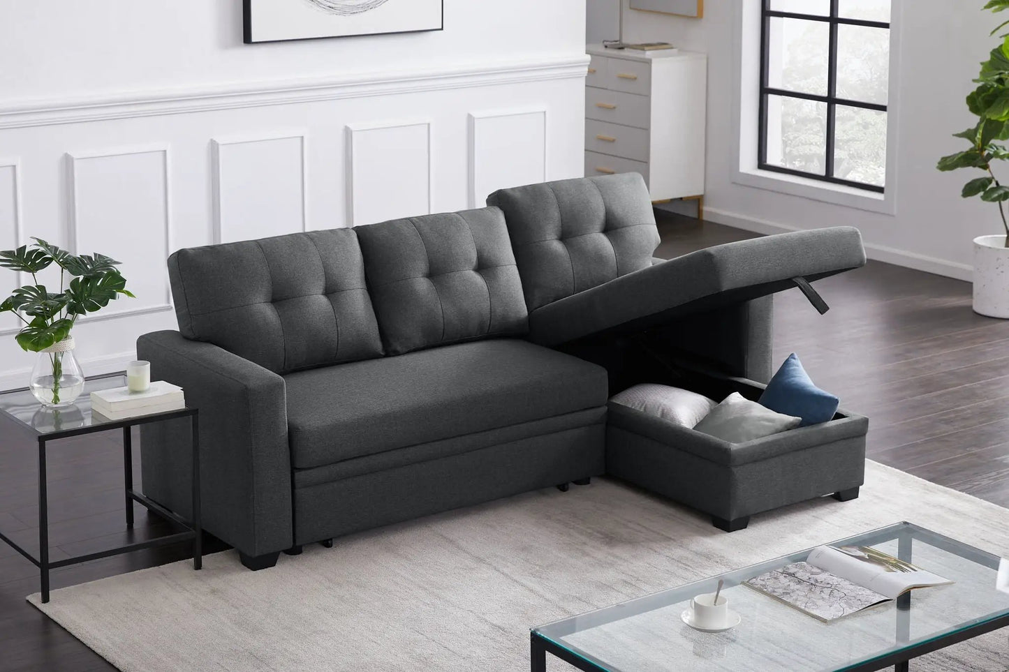 Pull Out Sectional Sofa With Chaise in dark gray fabric, tufted cushions Unique Piece Furniture on Tampa Home & Garden Store