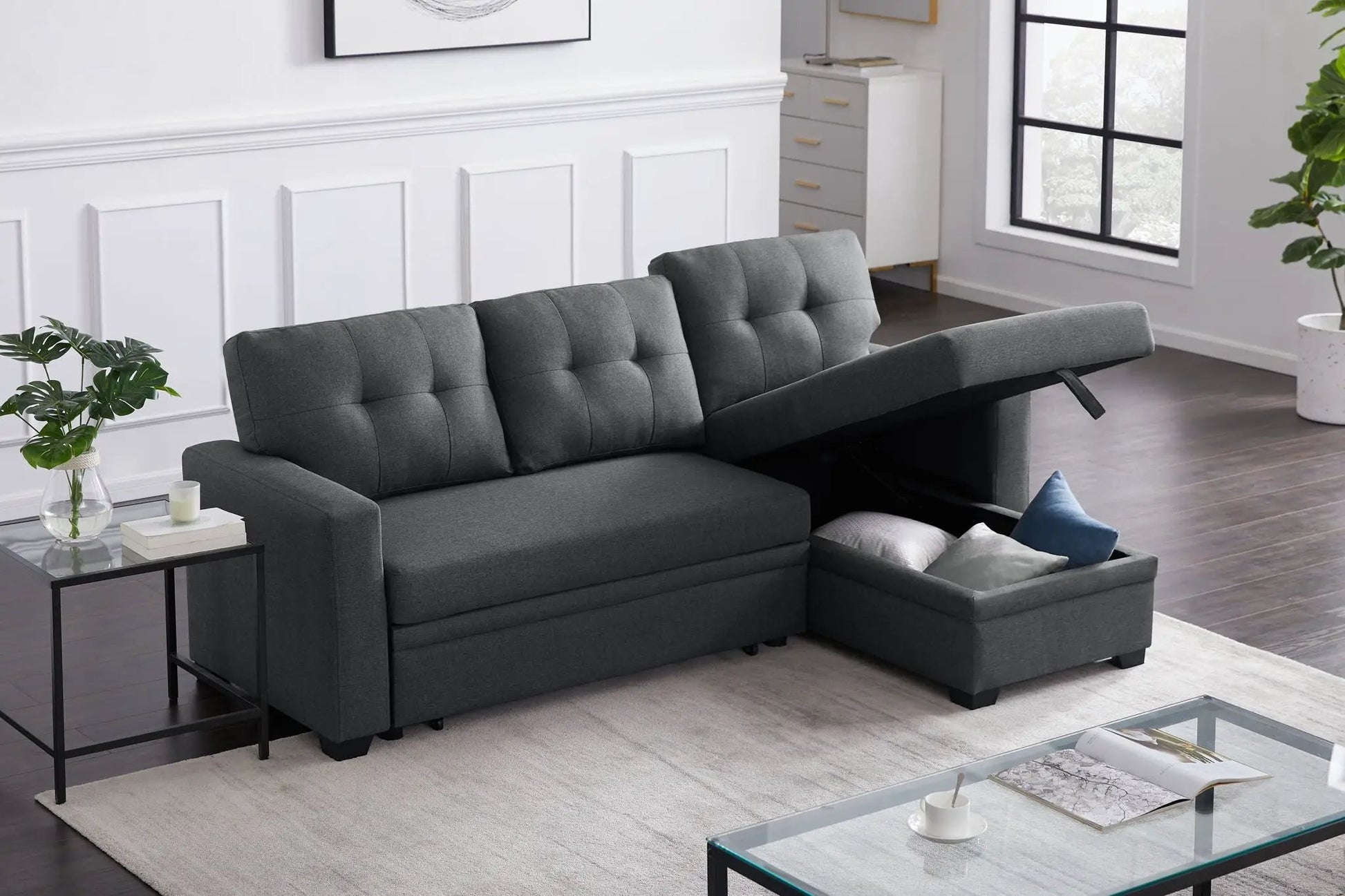 Pull Out Sectional Sofa With Chaise in dark gray fabric, tufted cushions Unique Piece Furniture on Tampa Home & Garden Store
