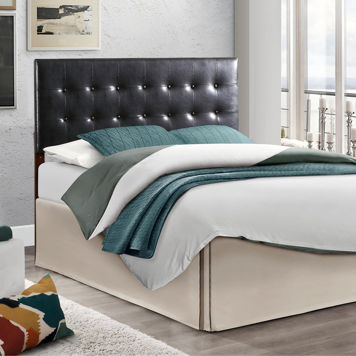 Upholstered headboard black faux-leather tufted with button grid and adjustable height on Tampa Home & Garden Store