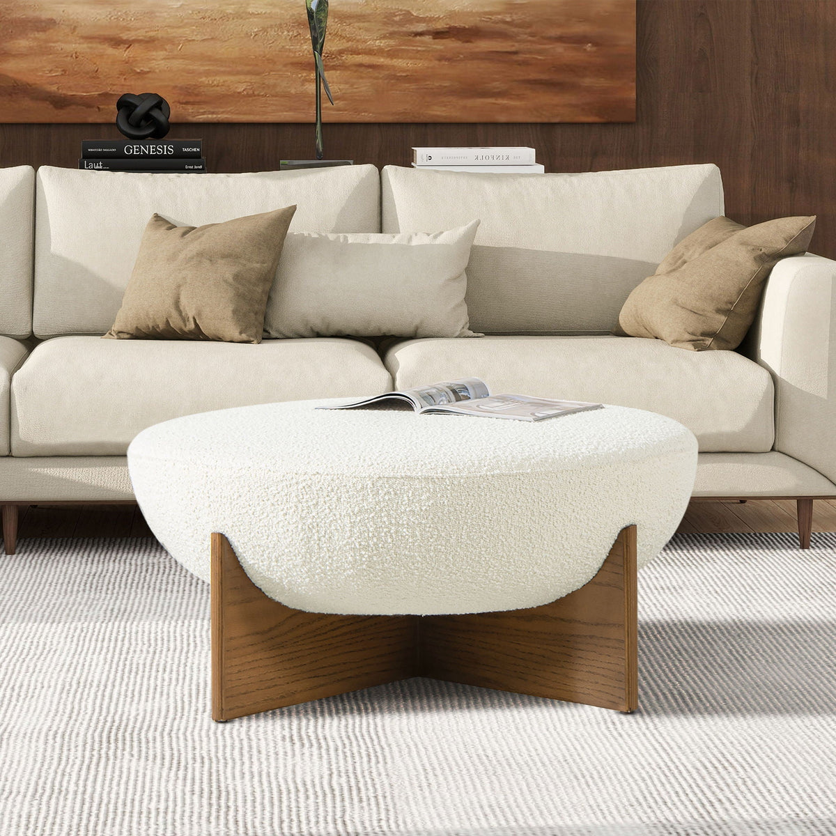 Round white upholstered storage ottoman with wooden legs, artisanal handcrafted by HouseOfZazla on Tampa Home & Garden Store