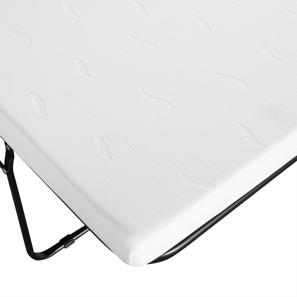 Twin size folding ottoman sleeper bed with white quilted mattress and black metal frame on Tampa Home & Garden Store