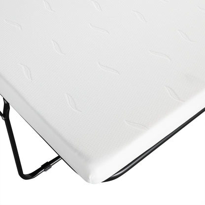 Twin size folding ottoman sleeper bed with white quilted mattress and black metal frame on Tampa Home & Garden Store